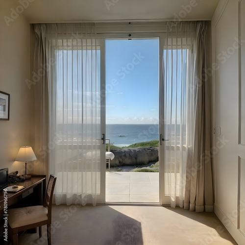 8k view of an ocean through a set of open hotel room doors  elegant drapery  breathtaking views  luxury room
