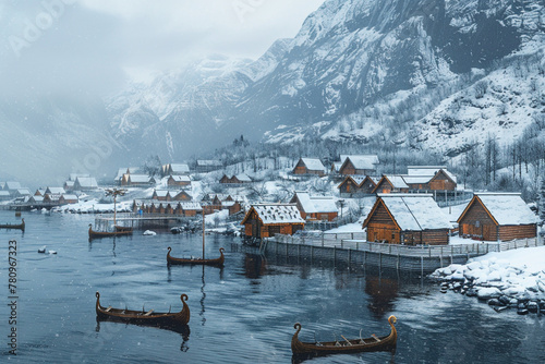 viking village on the lake at winter , full of snow , viking sail in the lake