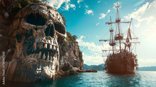 rock skull island and pirate ship in the sea , blue sky on sea ,concept art
