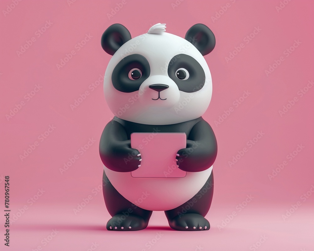 Naklejka premium A cartoonish 3D panda with a tablet, depicting AI chatbots in learning and education, on a clean background