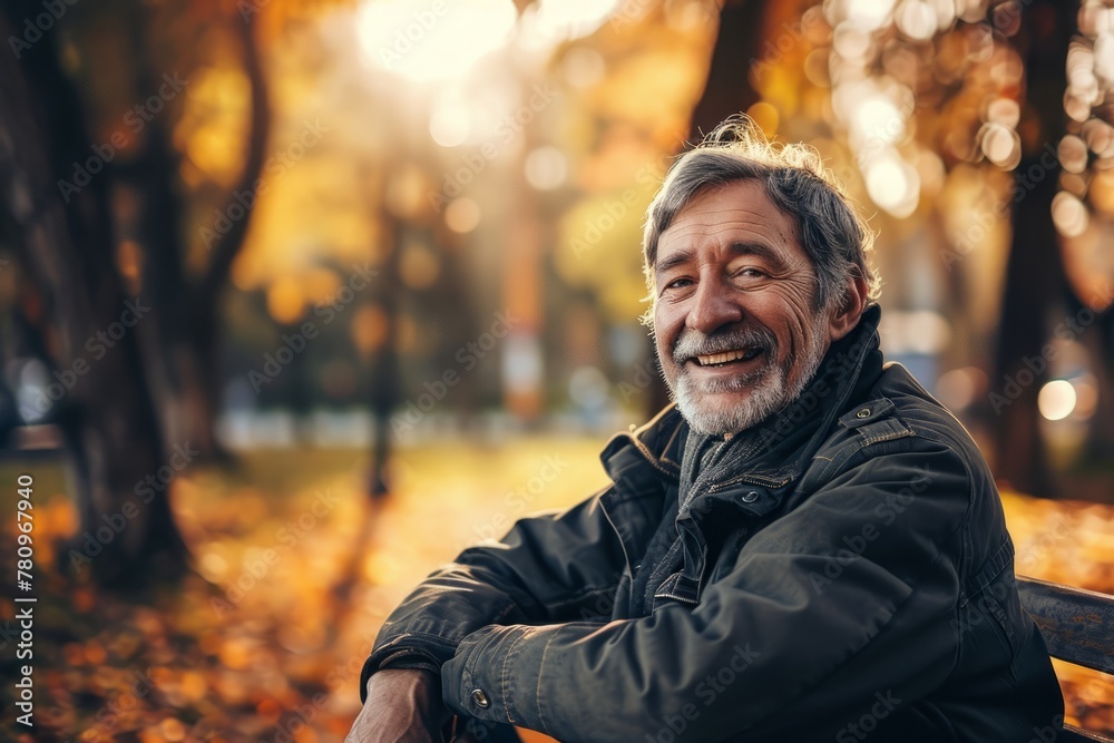 Portrait of happy senior man sitting on bench in autumn park. Portrait of happy senior man sitting on bench in autumn park.
