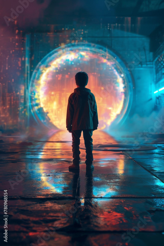 Child Before Portal in Neon-Lit Rainy Scene