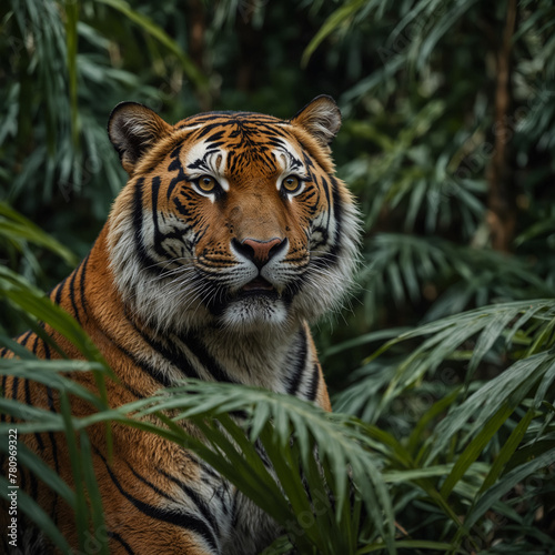 A terrifying tiger hidden among the dark green large palm leaves. Tropical Forest Animals.