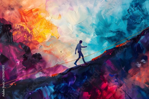 A man is walking on a tightrope. The painting is full of bright colors and has a sense of adventure and excitement photo