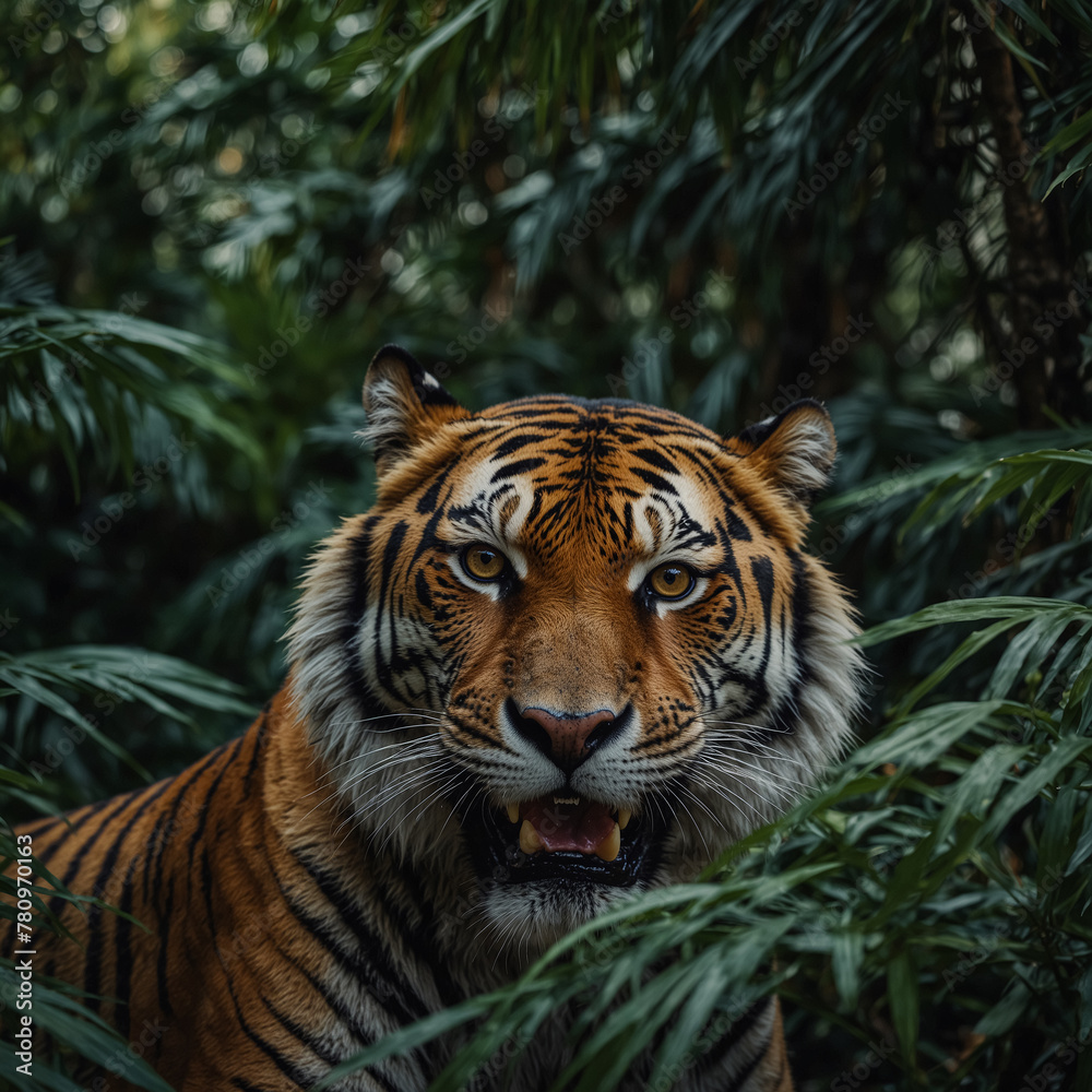 The ferocious tiger hidden among the dark green large palm leaves is growling at us. Tropical Forest Animals.
