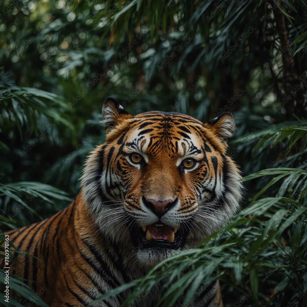 The ferocious tiger hidden among the dark green large palm leaves is growling at us. Tropical Forest Animals.
The ferocious tiger hidden among the dark green large palm leaves is growling at us. Tropical Forest Animals.