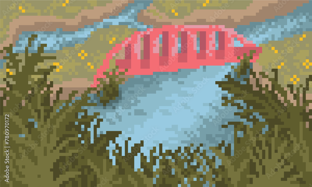 Fototapeta premium Pixel Art Lake with Bridge Landscape Background Wallpaper