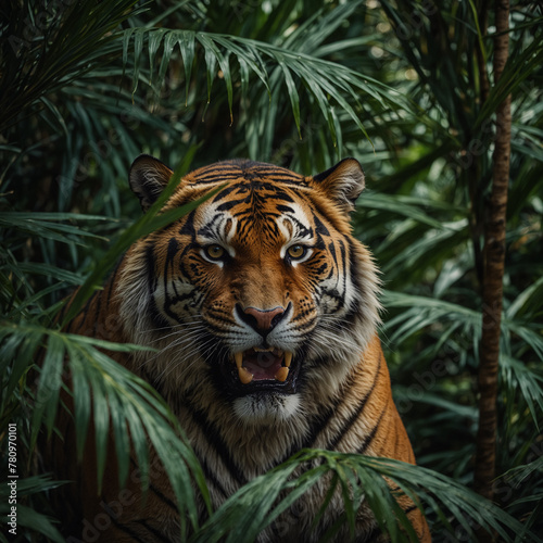 The ferocious tiger hidden among the dark green large palm leaves is growling at us. Tropical Forest Animals. 