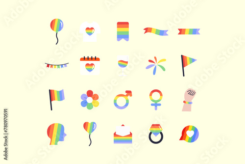 Lgbt rainbow icon set. Gender diversity, pride month, community, support concepts. Flat decorative vector design isolated on white background.