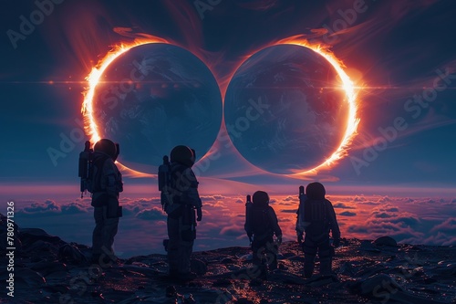 A group of explorers on a distant planet observing a double solar eclipse, their silhouettes cast against a backdrop of two glowing corona