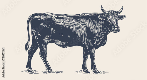 Cow, bull, beef. Vintage retro print, black white cow, bull, beef sketch ink pencil drawing, engrave old school. Sketch artwork silhouette cow bull. Side view profile beef bull. Vector Illustration