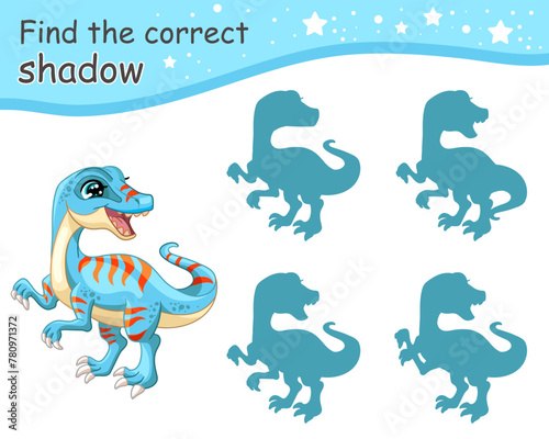 Find correct shadow of Velociraptor dinosaur vector illustration