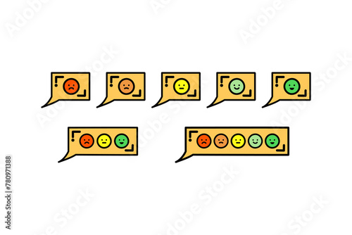 Happy and sad Emoji face scale speech bubble set. Customer feedback, rating, emotion, evaluation concept. Flat vector design illustration isolated on white background.
