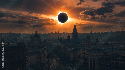 A timetraveler witnesses a solar eclipse from different eras, each observation point marked by distinctive architectural and technological styles photo