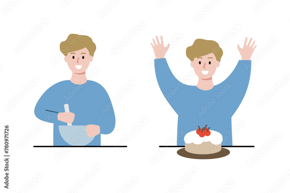 Happy boy mixing ingredient with bowl. Child baking dessert cake. Homemade cooking, leisure activity, childhood concept. Flat people character vector design illustration. Happy boy mixing ingredient with bowl. Child baking dessert cake. Homemade cooking, leisure activity, childhood concept. Flat people character vector design illustration.