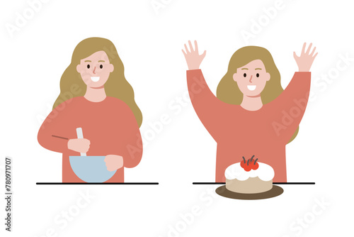 Happy girl mixing ingredient with bowl. Child baking dessert cake. Homemade cooking, leisure activity, childhood concept. Flat people character vector design illustration.
