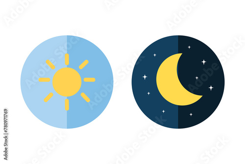 Day and night icon set. Sun and moon sign. Natural, cycle, contrast, season concepts. Flat modern vector design isolated illustration.