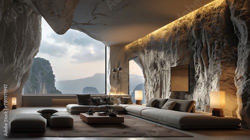 a modern living room nestled within a cave. The room’s design seamlessly blends contemporary aesthetics with the raw beauty of natural rock formations