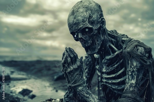 Creepy Zombie Figure Emerging from a Misty Landscape Dark Fantasy Concept Photo with Eerie Atmosphere