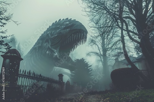 Mysterious Dinosaur Appearance in Misty Forest Scene, Surreal Prehistoric Concept Artwork, Dark Moody Landscape photo