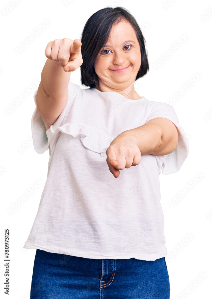 Brunette woman with down syndrome wearing casual white tshirt pointing to you and the camera with fingers, smiling positive and cheerful Brunette woman with down syndrome wearing casual white tshirt pointing to you and the camera with fingers, smiling positive and cheerful