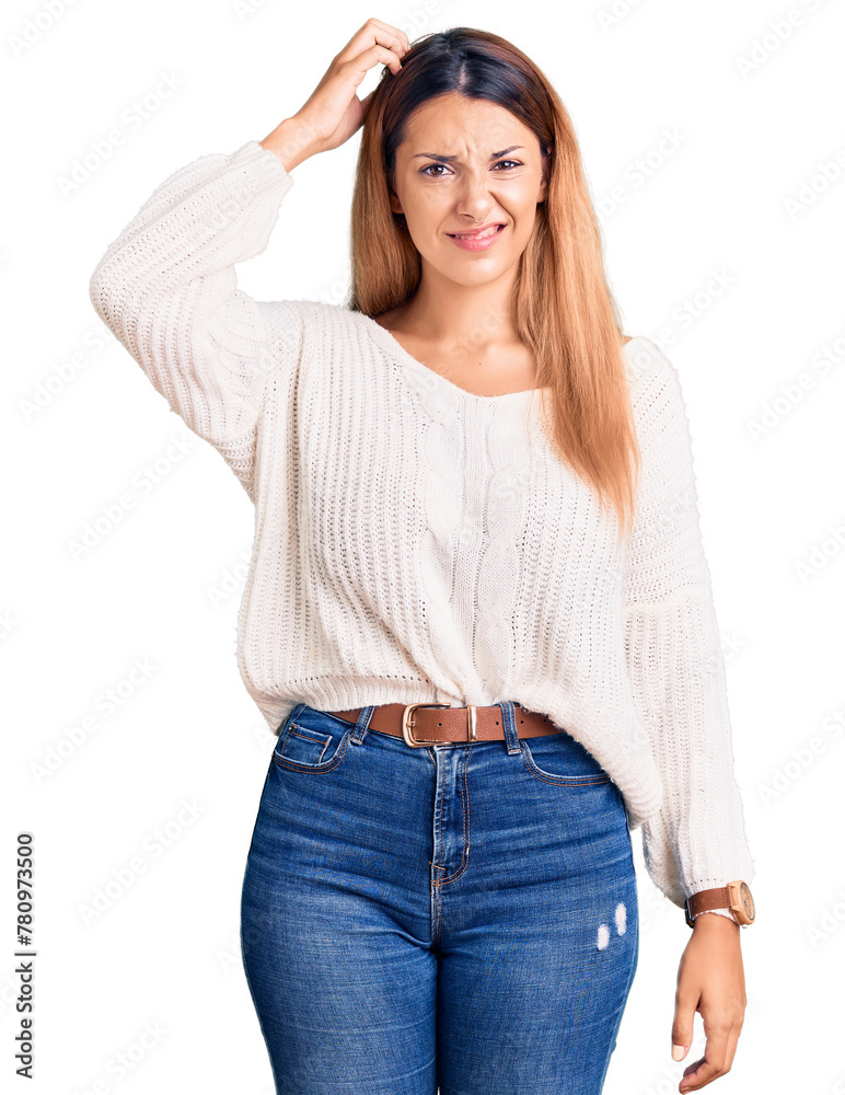 Fototapeta premium Beautiful young woman wearing casual clothes confuse and wonder about question. uncertain with doubt, thinking with hand on head. pensive concept.