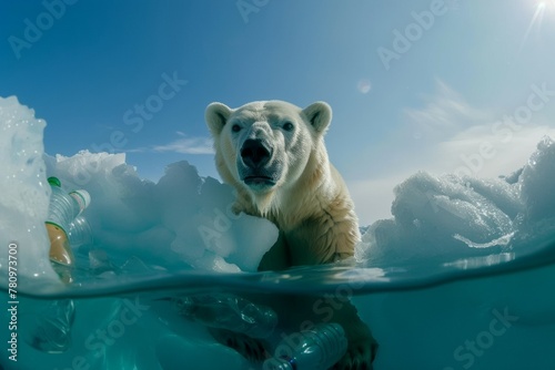 A polar bear is in the water with a bottle on its head. Ecology problems and plastic pollution concept