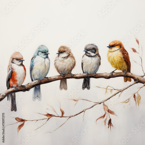 Watercolor Painting of Birds on a Branch