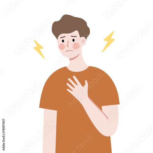 Sick young man suffering from heartache problem. Healthcare, medical, disease, lifestyle, treatment concept. Flat character vector design isolated on white background.