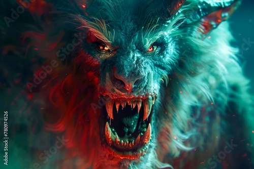 Fierce Mythical Werewolf Creature Roaring in Spooky Atmospheric Backdrop Full of Mystery and Fantasy