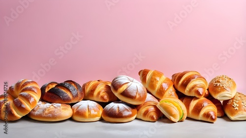 Delicious Bakery Delights: Assorted Pastries and Breads on Pastel Background with Copy Space for Bakery Menu and Culinary Displays