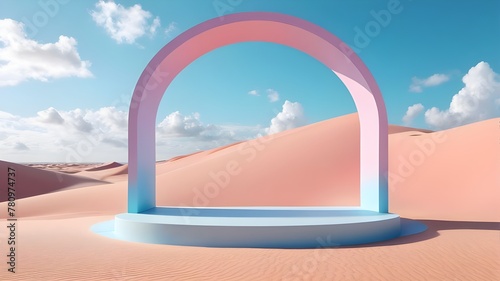 "3D Render Abstract Surreal Pastel Landscape with Arches and Podium for Product Showcase and Creative Presentations"