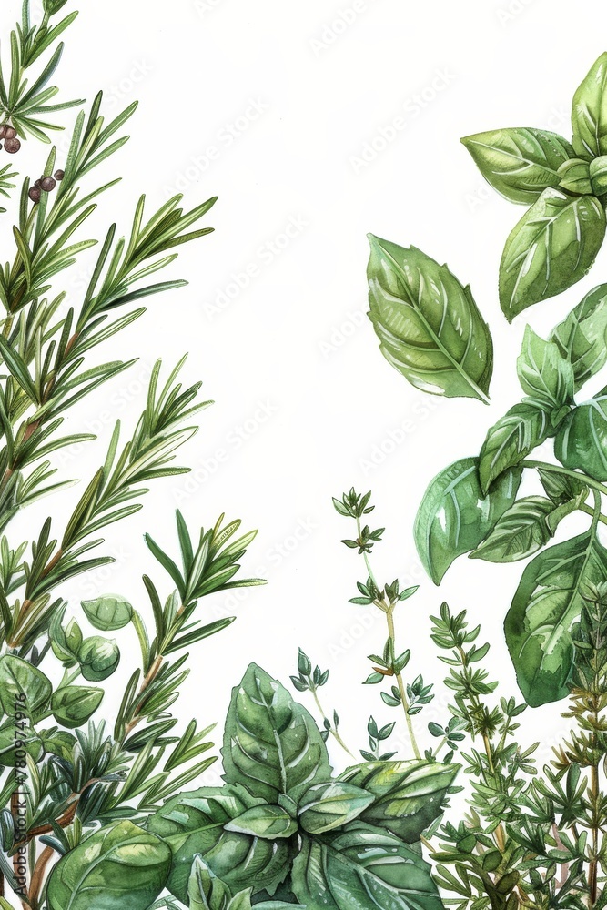Herbs, A fragrant border of culinary herbs like rosemary, thyme, and basil, with realistic details and textured leaves , Gouache Floral borders and frame illustration