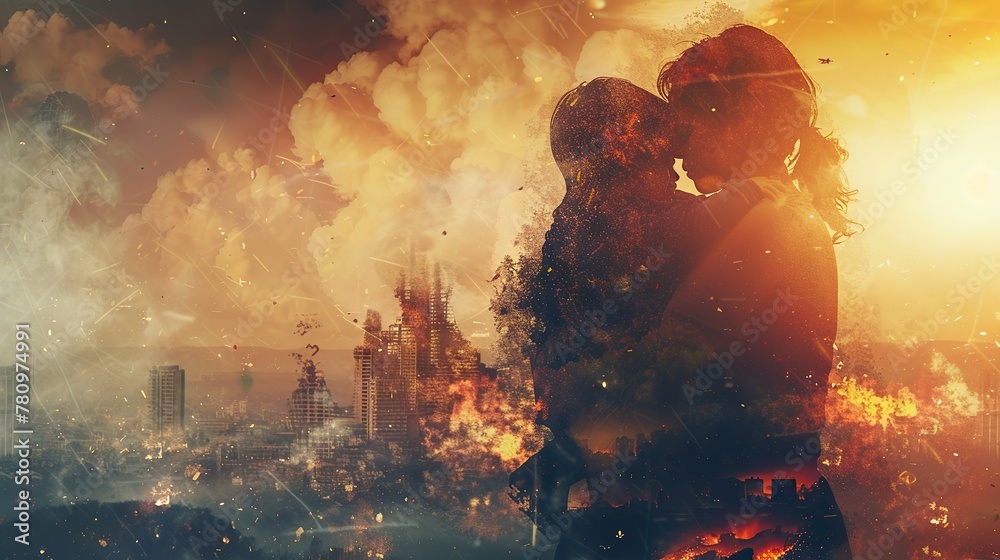 Double exposure of mother hugs her child silhouette against city explosion because of the war - obrazy, fototapety, plakaty 