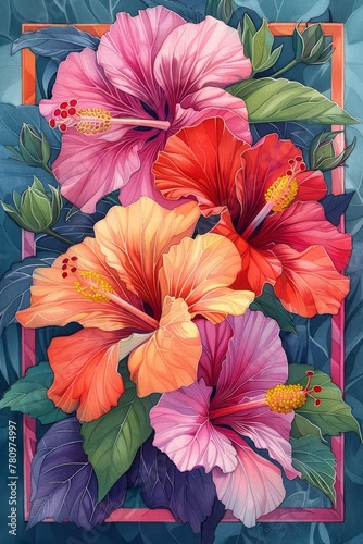 Hibiscus, Bold, layered hibiscus flowers in vibrant hues of pink, orange, and red, showcasing the opacity of gouache , Gouache Floral borders and frame illustration