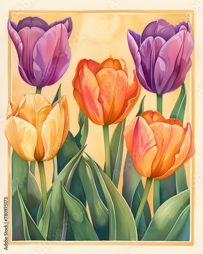 Tulips  Playful tulips in contrasting colors like orange and purple  highlighting the opacity of gouache   Gouache Floral borders and frame illustration