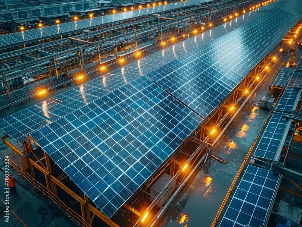 Solar panels manufacturing. huge solar panels for sustainable projects. Green energy and nature conservation Solar panels manufacturing. huge solar panels for sustainable projects. Green energy and nature conservation