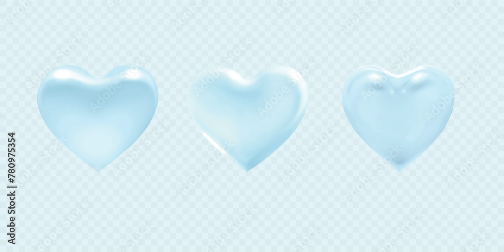 Set of blue vector glowing hearts. 3d design elements. Different matt glassy hearts isolated on transparent background
