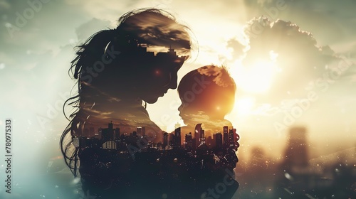 Double exposure of mother hugs her child silhouette against city explosion because of the war
