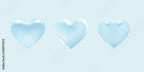 Set of blue vector glowing hearts. 3d design elements. Different matt glassy hearts isolated on transparent background