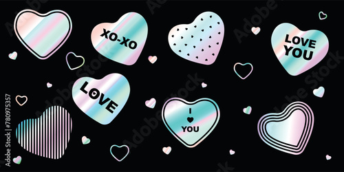 Set of modern silver hologram romantic stickers. Different vector badges with text quotes isolated on black backdrop