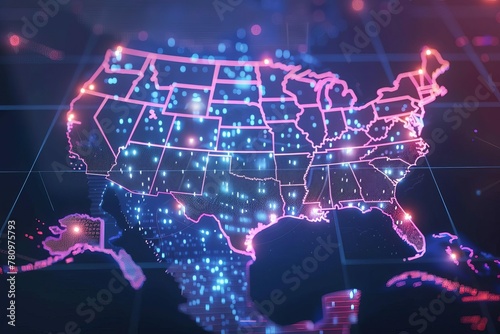 Digital map of America, global network connectivity, data transfer and cyber technology illustration #780975793