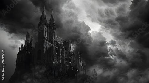 Ominous Gothic Castle Spires Looming in Stormy Skies - Dramatic Fantasy Architectural Landscape
