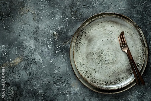 Empty plate with cutlery on dark concrete background, top view, food presentation mockup
