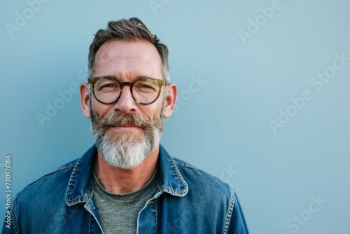 Portrait of a senior man with beard and glasses against blue background