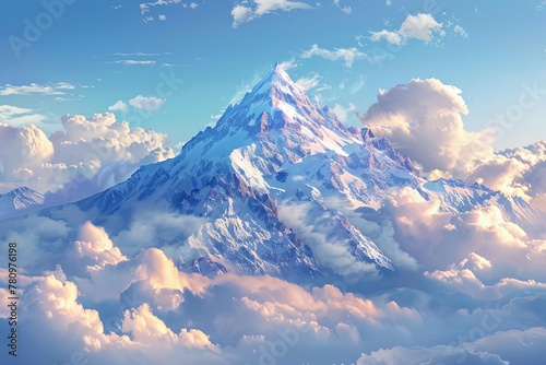 Majestic snow-capped mountain peak rising above a sea of clouds, pristine slopes against a vivid blue sky, digital landscape painting