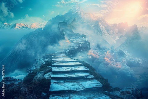 Pathway to success, steps leading to mountain peak, human performance and growth mindset concept, digital art photo