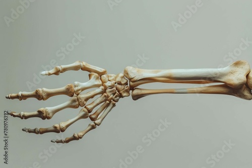 Skeleton of human upper limbs showing detailed bones and joints of the arm, medical anatomy illustration