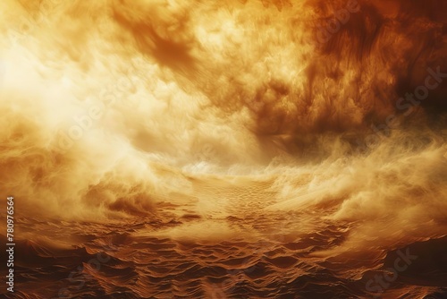 Intense sandstorm engulfing desert landscape, dramatic sky and swirling sand creating abstract digital art background
