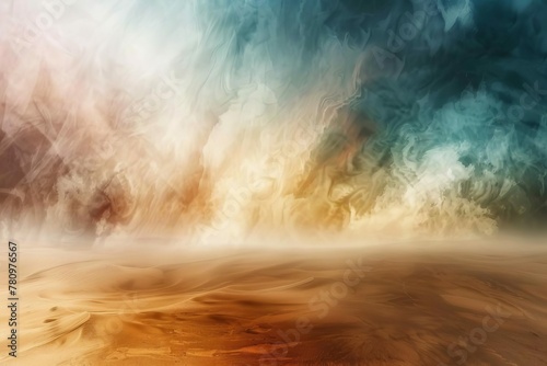 Intense sandstorm engulfing desert landscape, dramatic sky and swirling sand creating abstract digital art background